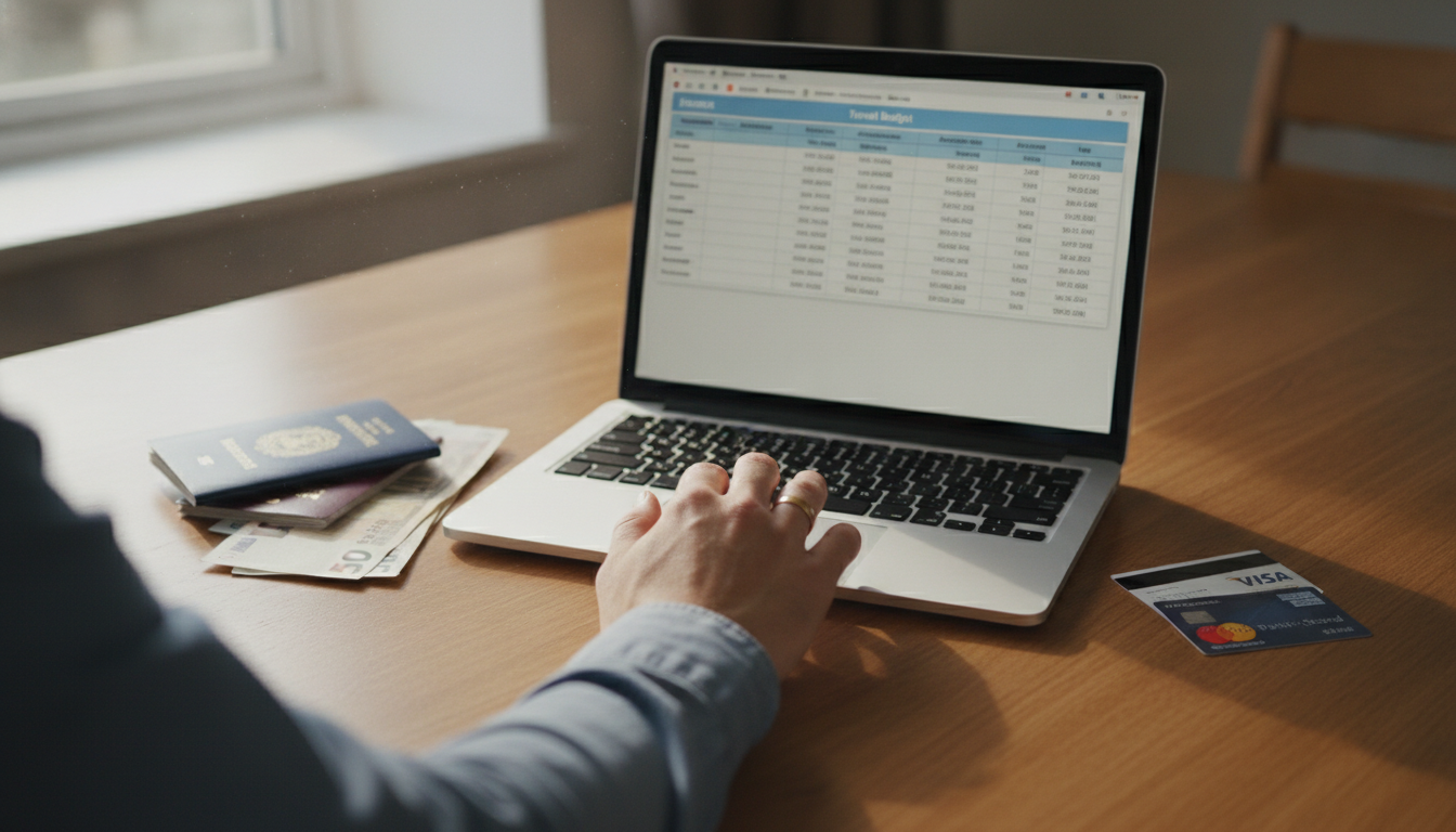 Hände am Tisch mit Laptop, Reisebudget-Tabelle und Bargeld zur Kostenplanung