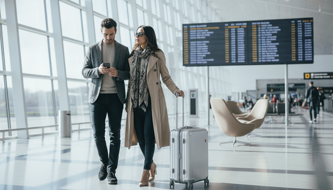 Paar am Flughafen prüft Flugtickets vor dem gemeinsamen Fernreise-Abflug