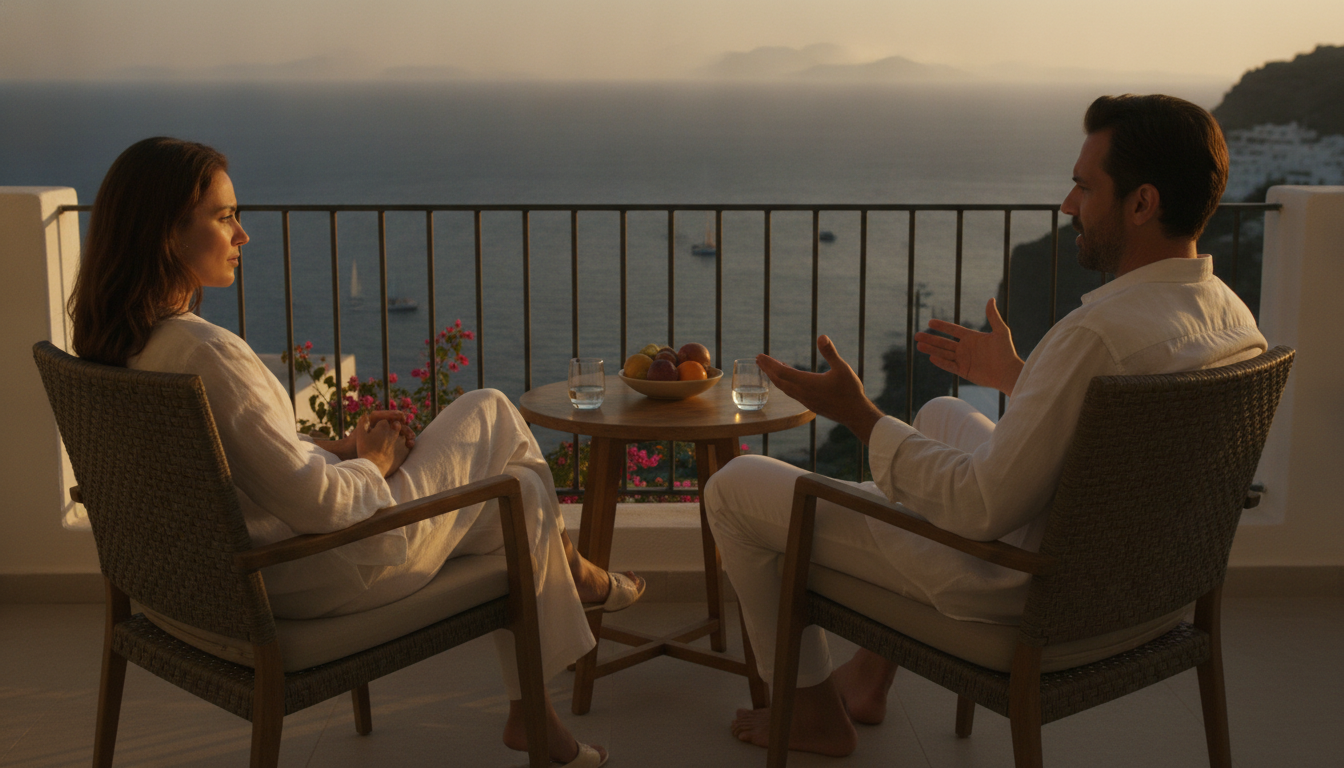Paar spricht ruhig auf Hotelbalkon über Konflikt bei Sonnenuntergang